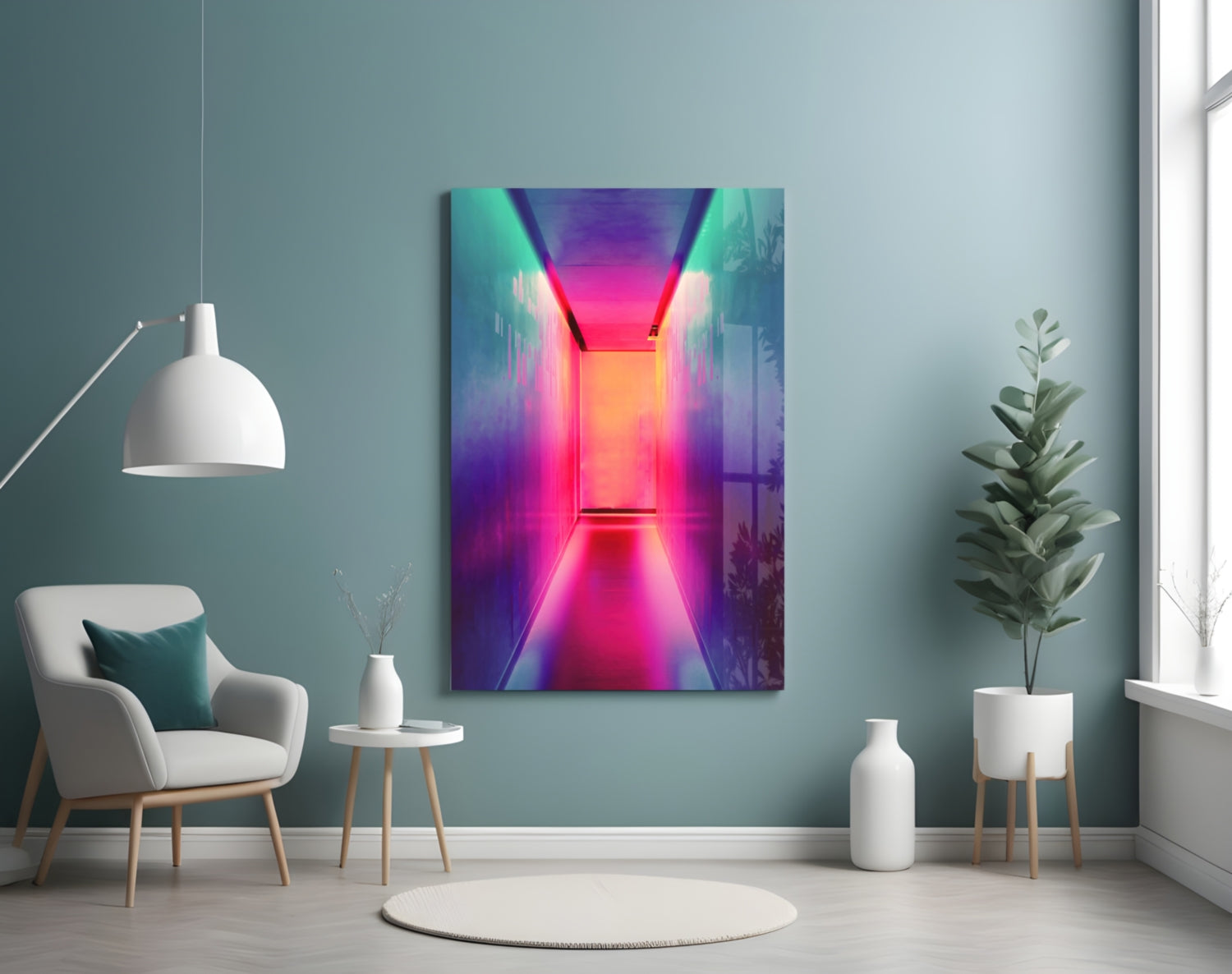 Neon corridor glass wall art with vibrant pink, purple, and cyan gradient lighting displayed in modern living room setting.