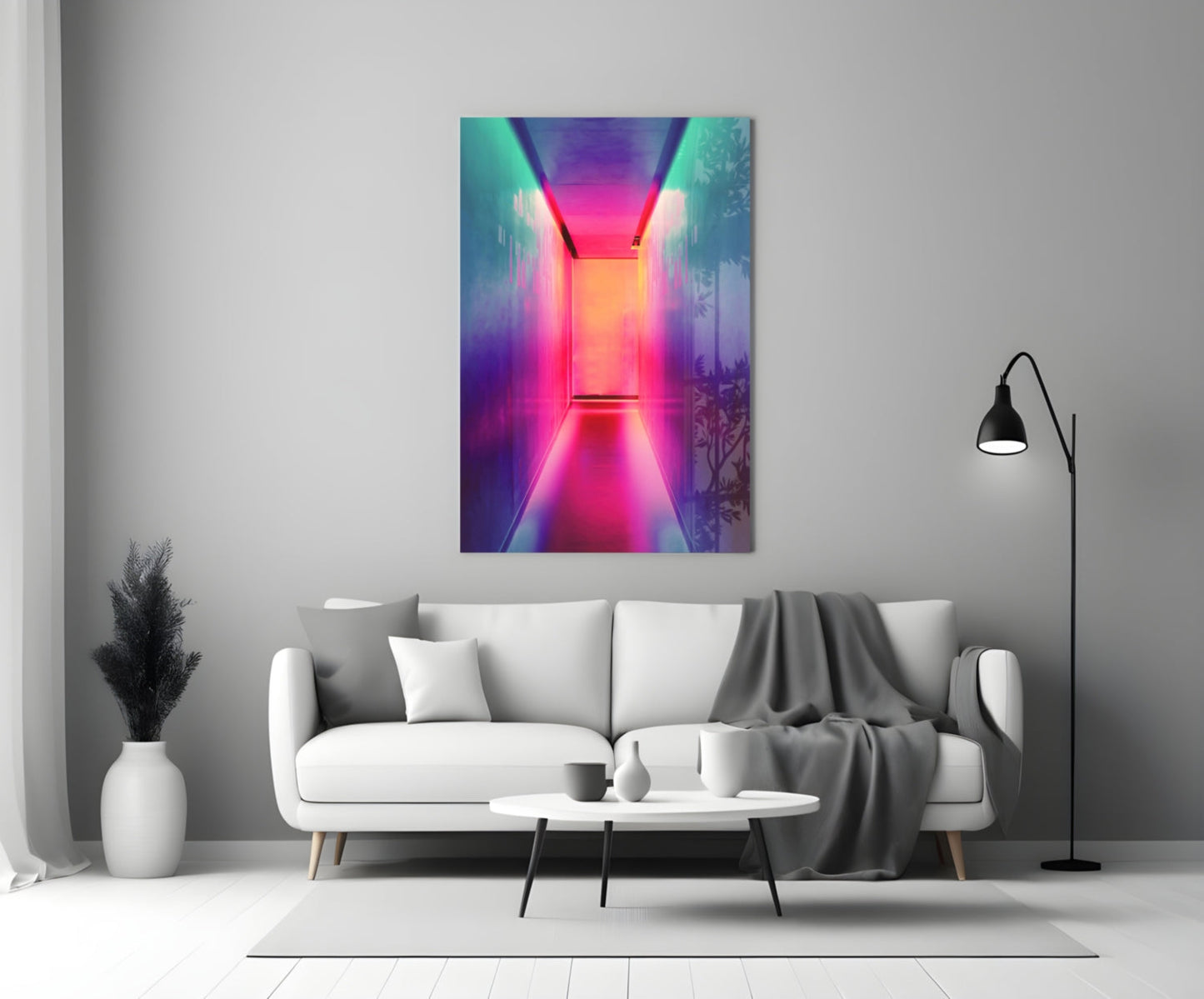Neon pink and purple glowing corridor glass art hanging above white sofa in modern living room interior.