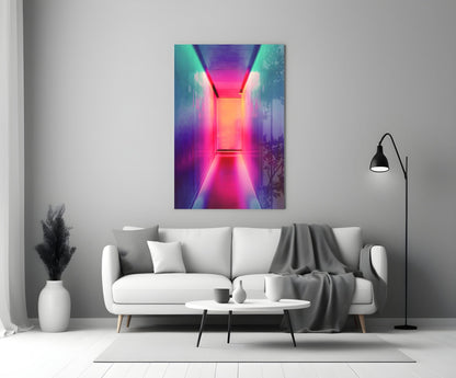 Neon pink and purple glowing corridor glass art hanging above white sofa in modern living room interior.