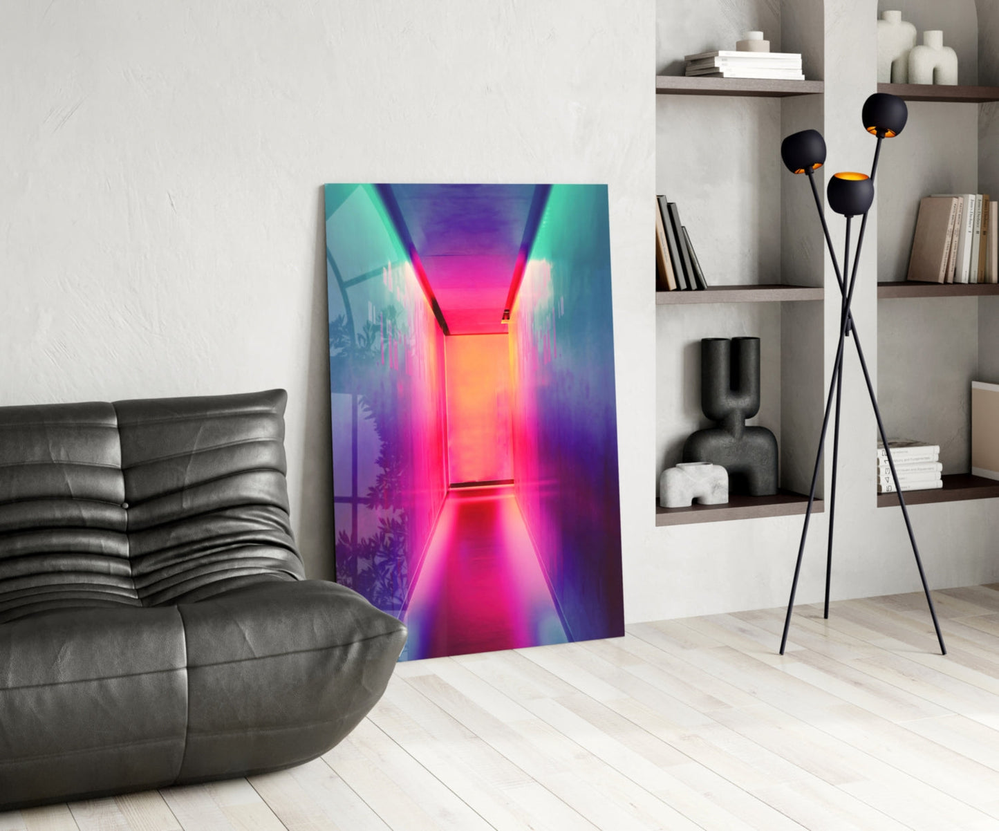 Neon corridor glass wall art with vibrant pink, magenta, and cyan colors displayed in modern living room setting.