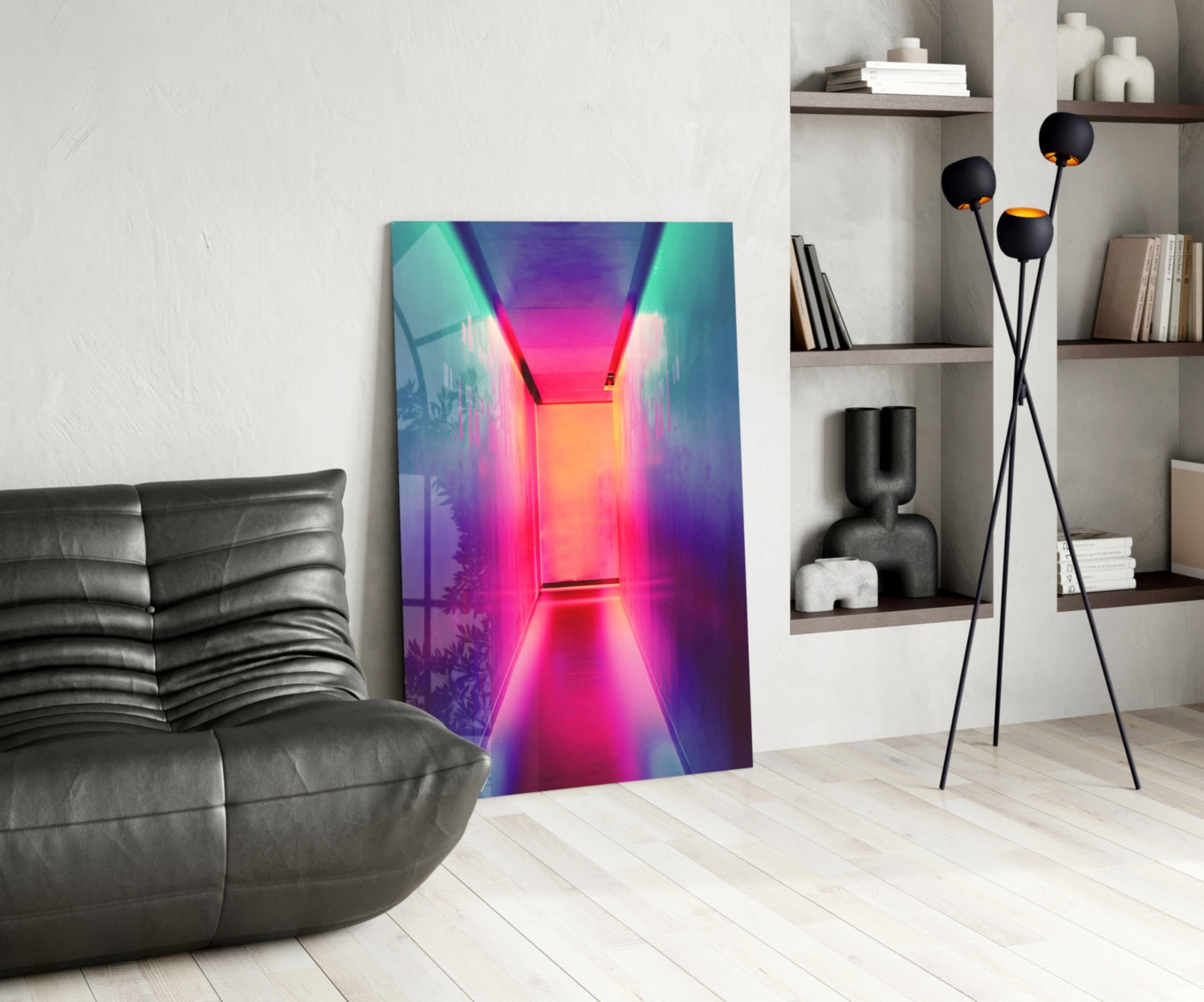Neon corridor glass wall art with vibrant pink, magenta, and cyan colors displayed in modern living room setting.