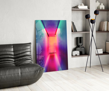 Neon corridor glass wall art with vibrant pink, magenta, and cyan colors displayed in modern living room setting.