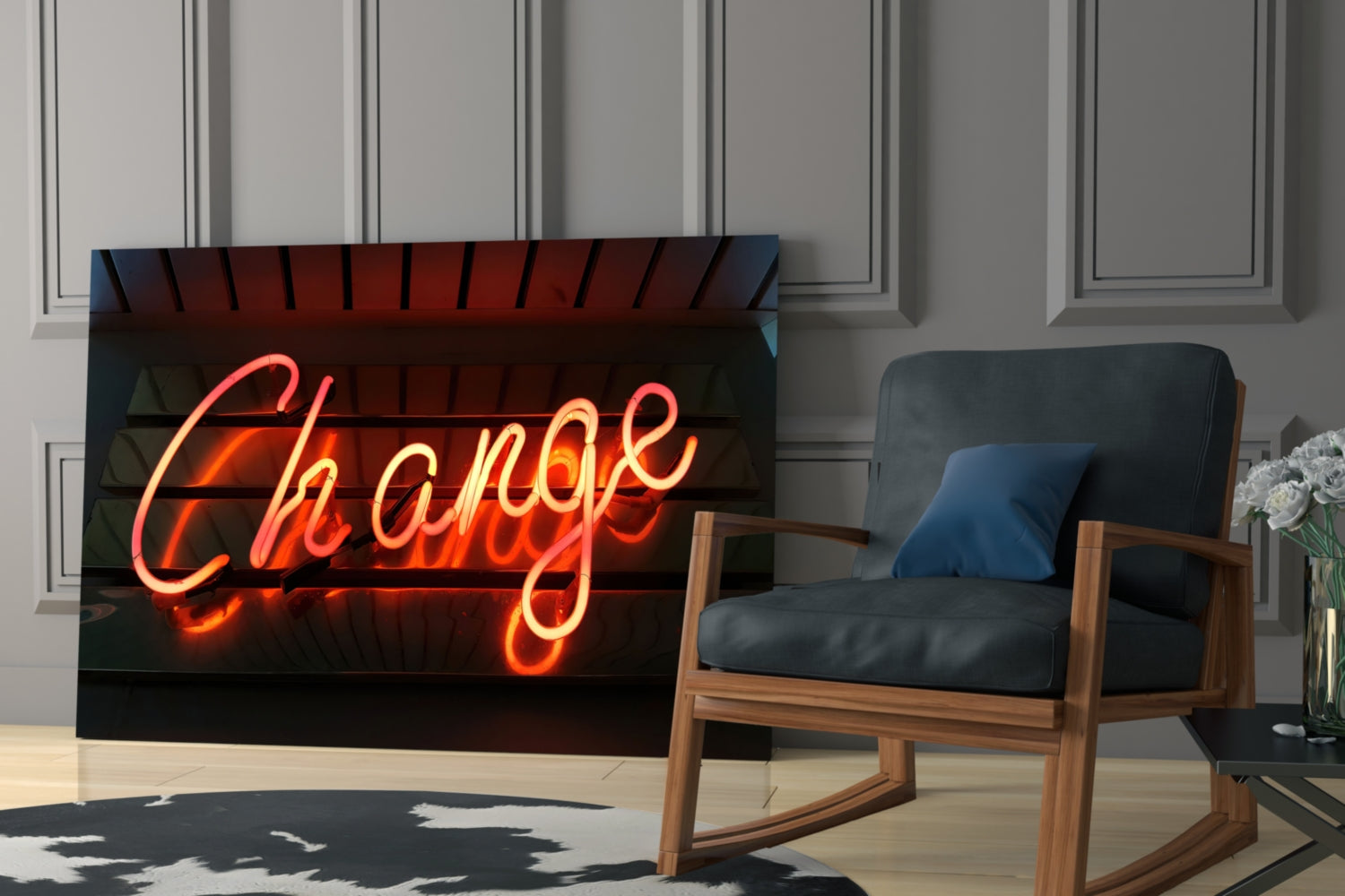 Neon "Change" glass wall art in red and orange glowing script displayed in modern living room interior with wooden chair and paneled wall.