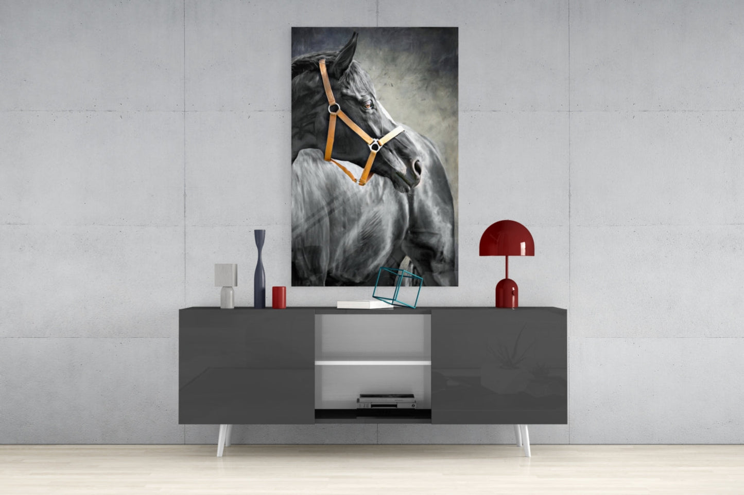 Black Horse Leather Halter Glass Wall Art