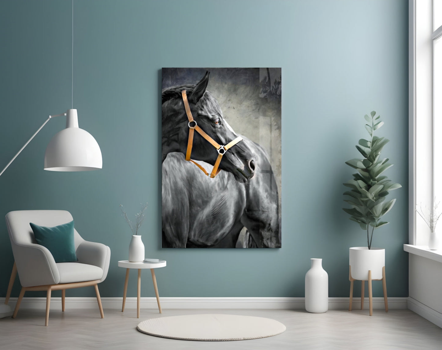 Black Horse Leather Halter Glass Wall Art