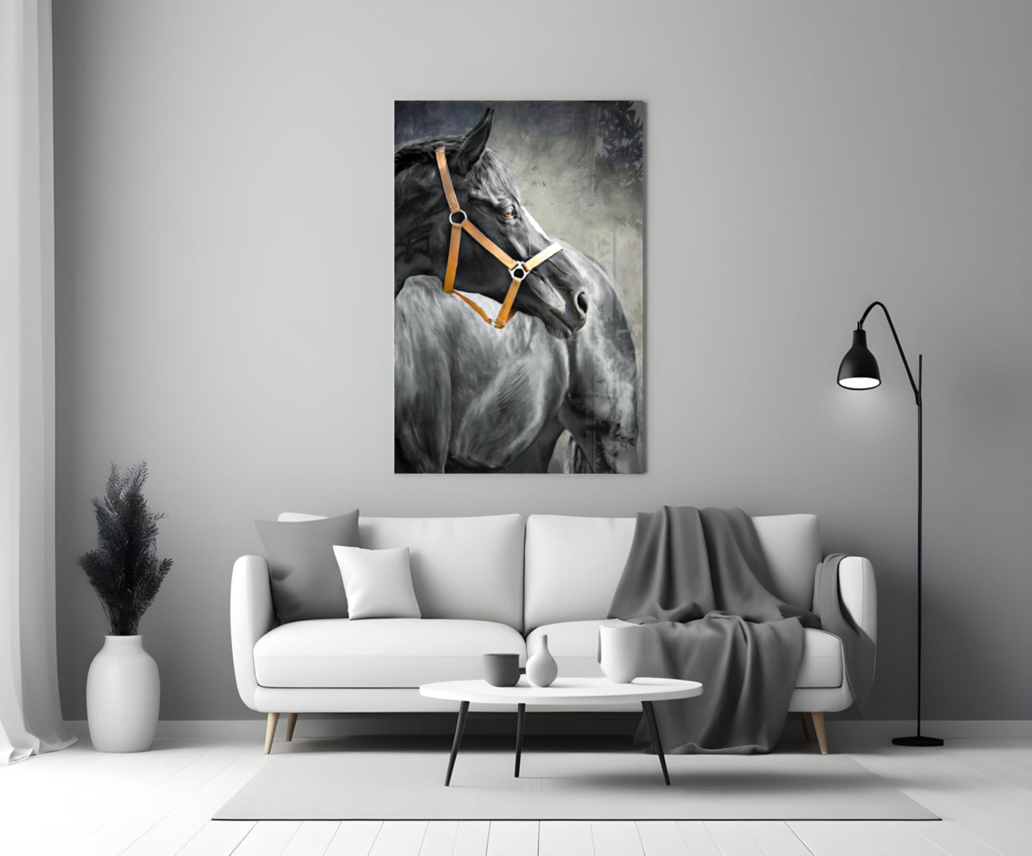 Black Horse Leather Halter Glass Wall Art