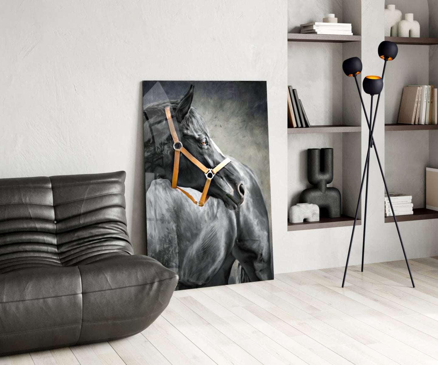 Black Horse Leather Halter Glass Wall Art