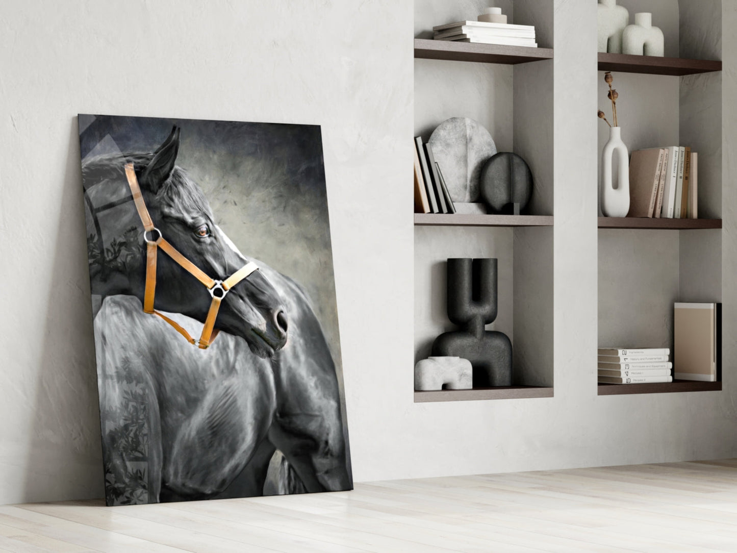 Black Horse Leather Halter Glass Wall Art