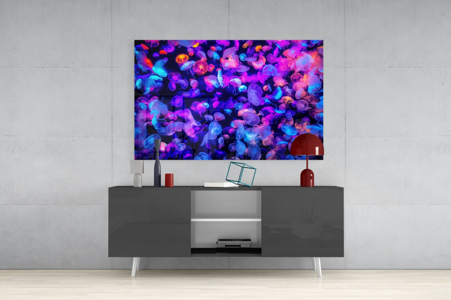 Glowing Jellyfish Bloom Neon Glass Wall Art