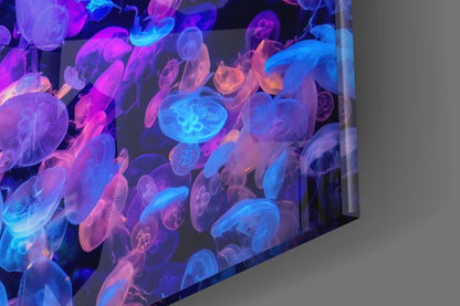 Glowing Jellyfish Bloom Neon Glass Wall Art
