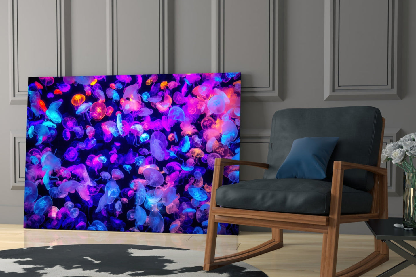 Glowing Jellyfish Bloom Neon Glass Wall Art