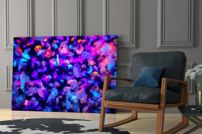 Glowing Jellyfish Bloom Neon Glass Wall Art
