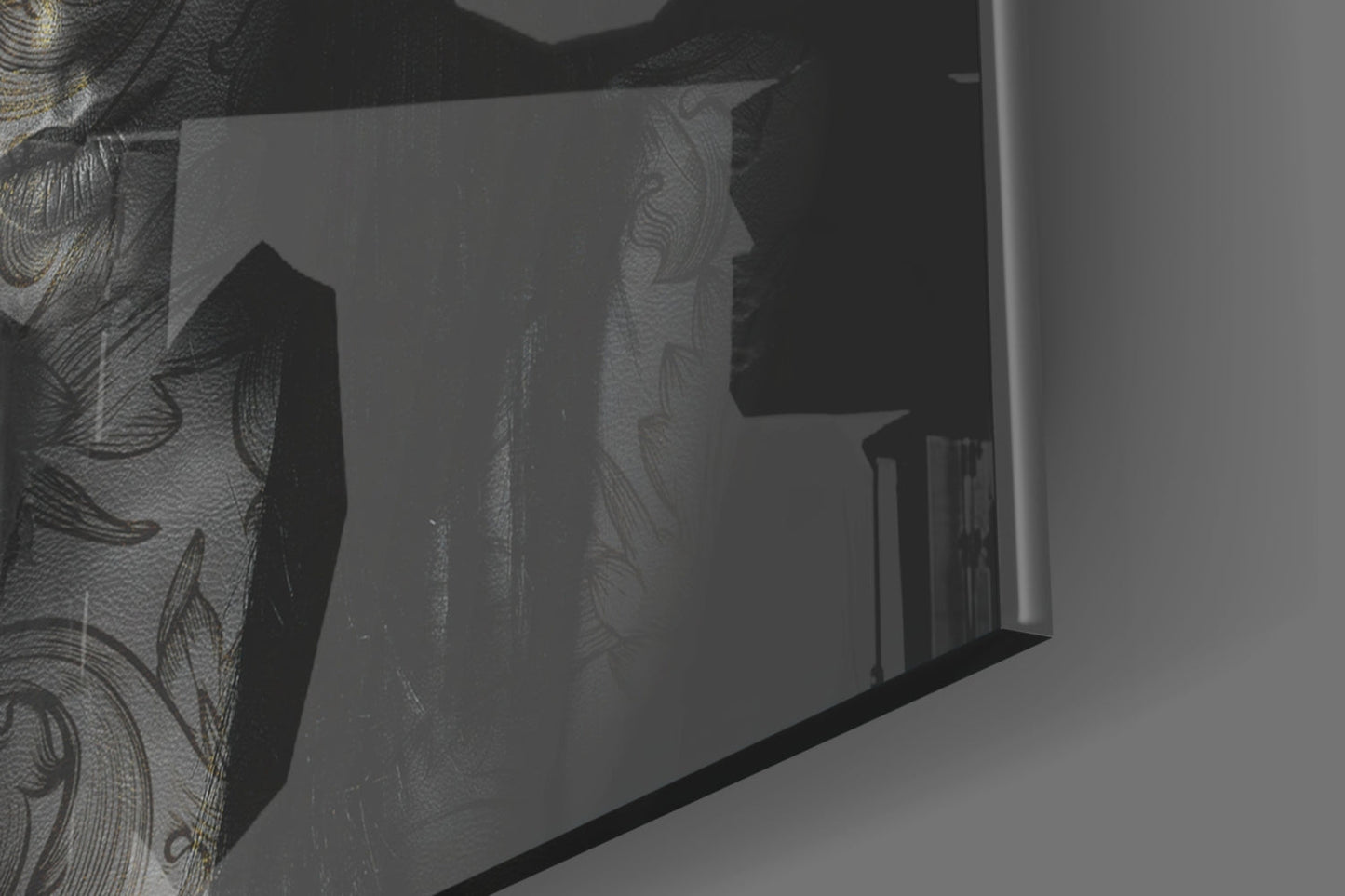 Close-up side view of frosted glass wall art displaying tattooed woman silhouette with decorative linework in black and grey tones.
