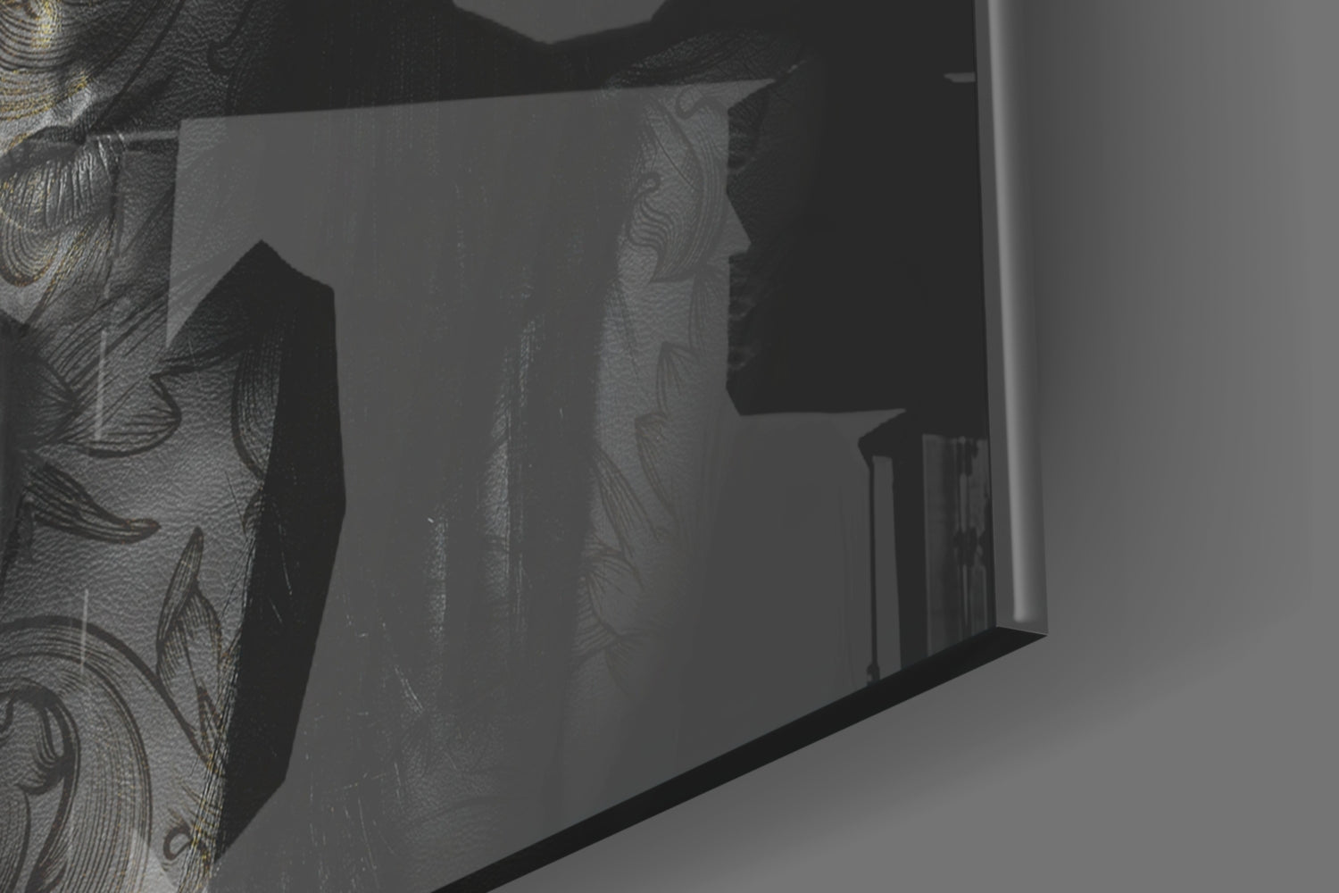 Close-up side view of frosted glass wall art displaying tattooed woman silhouette with decorative linework in black and grey tones.