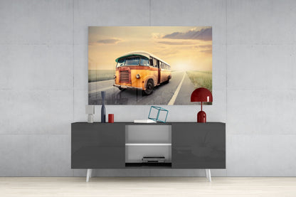 Retro Bus Golden Sunset Highway Glass Wall Art