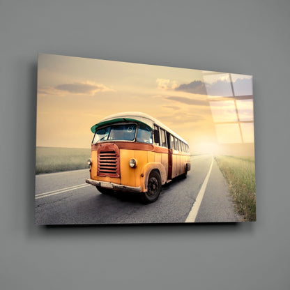 Retro Bus Golden Sunset Highway Glass Wall Art
