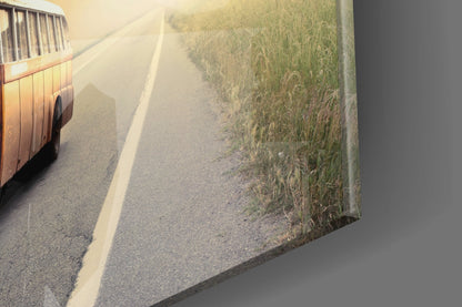 Retro Bus Golden Sunset Highway Glass Wall Art