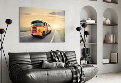 Retro Bus Golden Sunset Highway Glass Wall Art