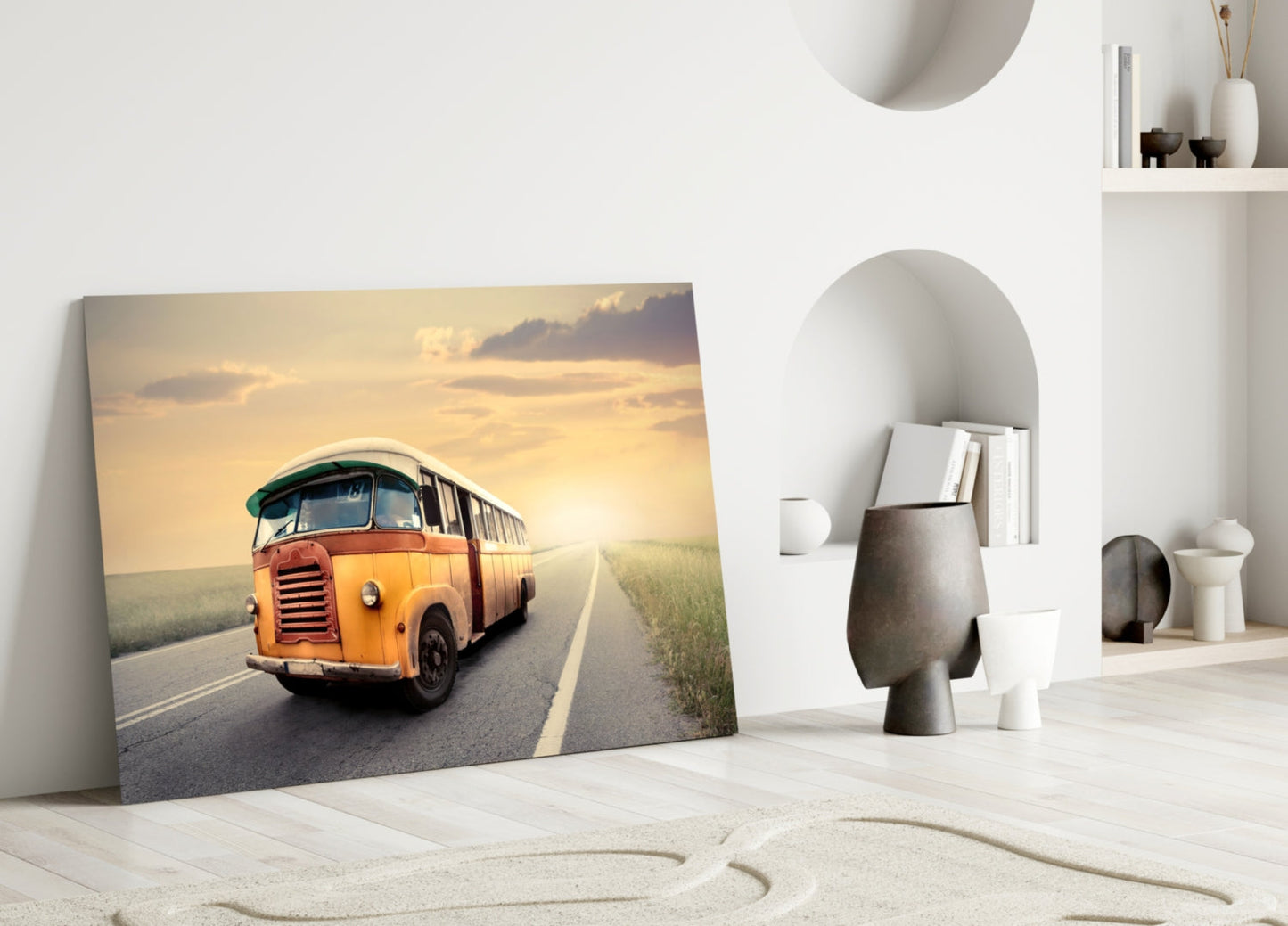 Retro Bus Golden Sunset Highway Glass Wall Art