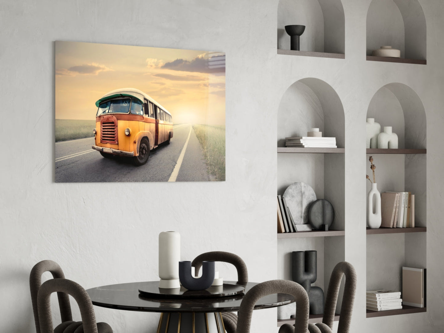 Retro Bus Golden Sunset Highway Glass Wall Art