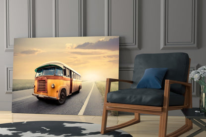 Retro Bus Golden Sunset Highway Glass Wall Art
