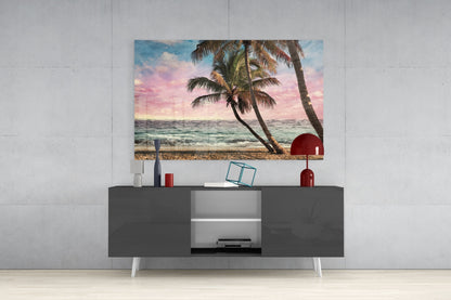 Leaning Palm Trees Pink Sunset Beach Glass Wall Art