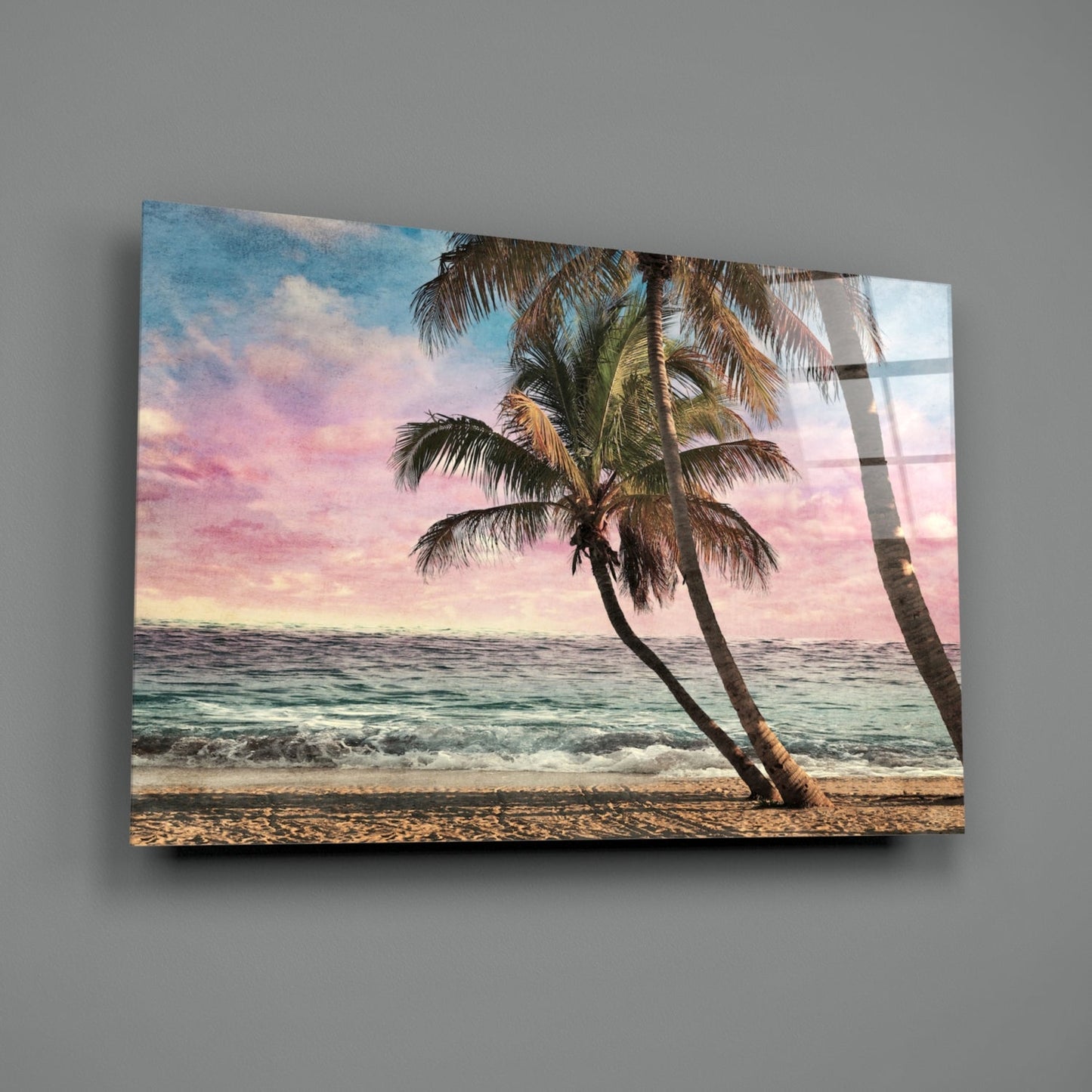 Leaning Palm Trees Pink Sunset Beach Glass Wall Art