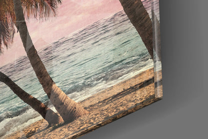 Leaning Palm Trees Pink Sunset Beach Glass Wall Art