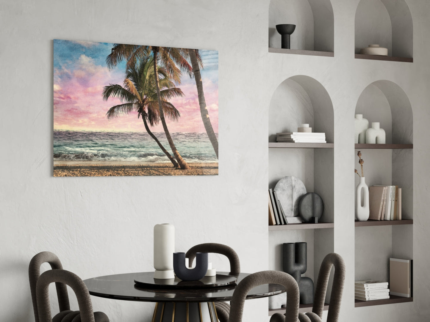 Leaning Palm Trees Pink Sunset Beach Glass Wall Art