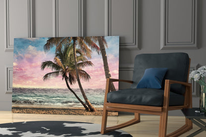 Leaning Palm Trees Pink Sunset Beach Glass Wall Art