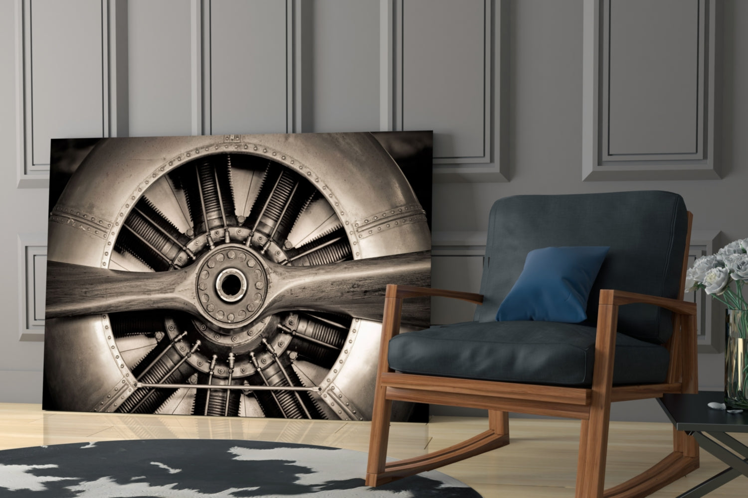 Sepia-toned radial aircraft engine with metal blades and rivets displayed on glass panel in modern living room setting.