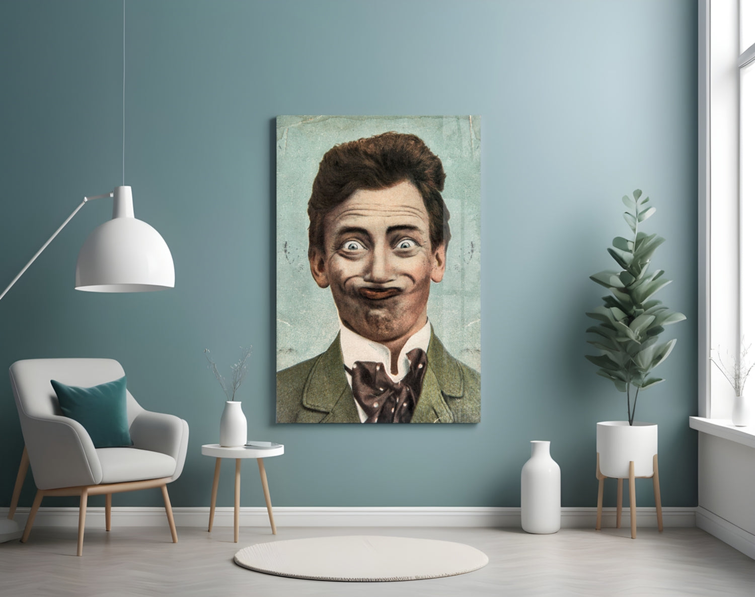 Vintage-style portrait painting of a man with exaggerated facial features displayed on a teal wall in a modern living room setting.