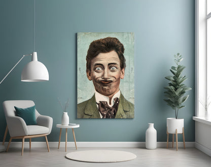 Vintage-style portrait painting of a man with exaggerated facial features displayed on a teal wall in a modern living room setting.