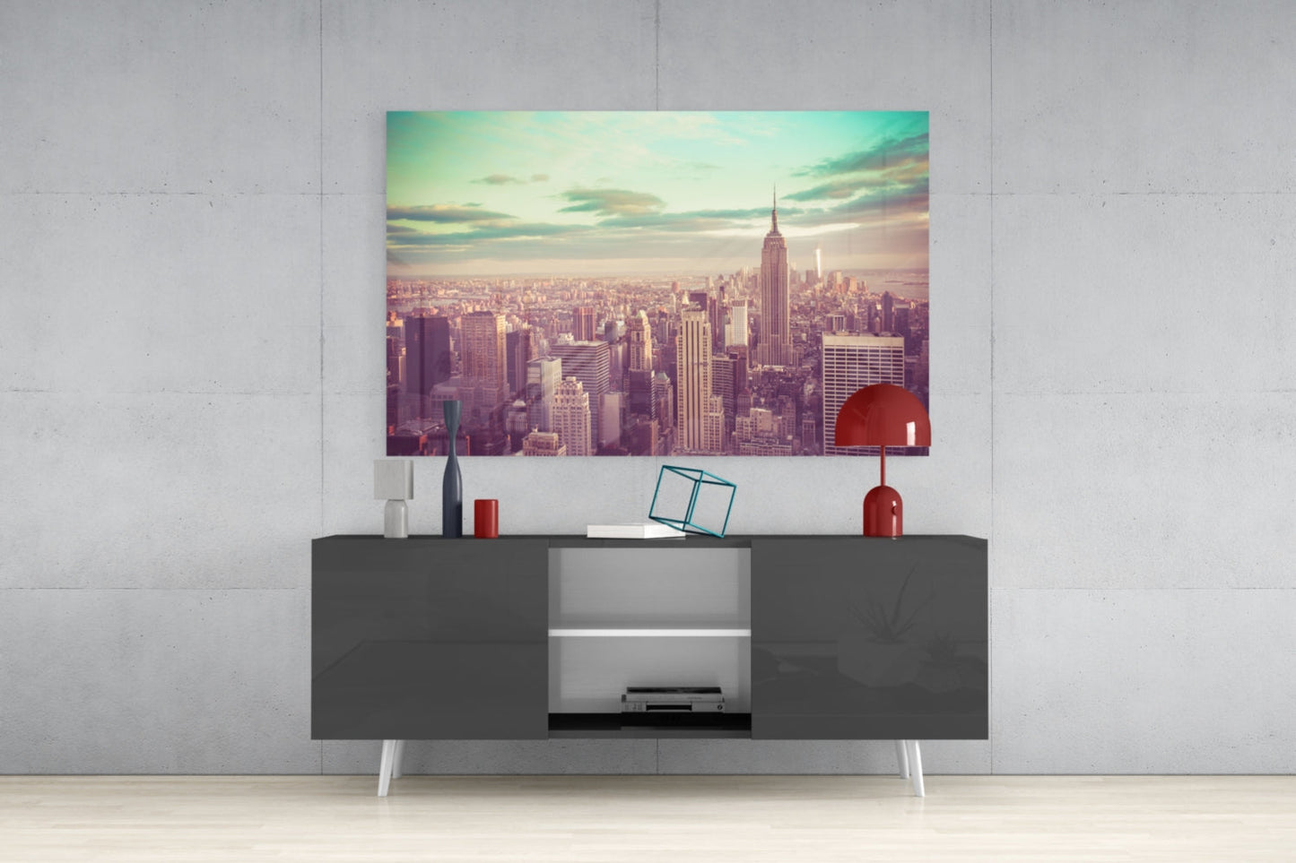 Teal Sky Aerial Manhattan Skyline Glass Wall Art