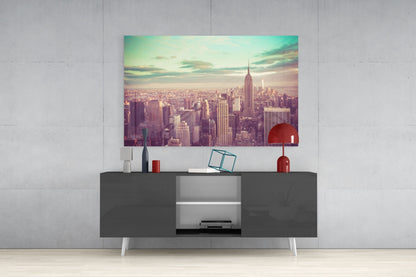 Teal Sky Aerial Manhattan Skyline Glass Wall Art