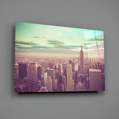 Teal Sky Aerial Manhattan Skyline Glass Wall Art