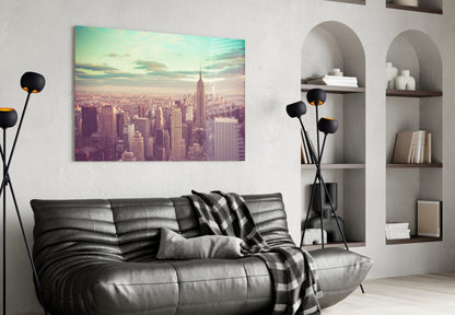 Teal Sky Aerial Manhattan Skyline Glass Wall Art