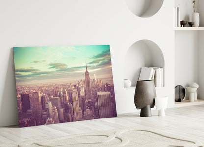 Teal Sky Aerial Manhattan Skyline Glass Wall Art