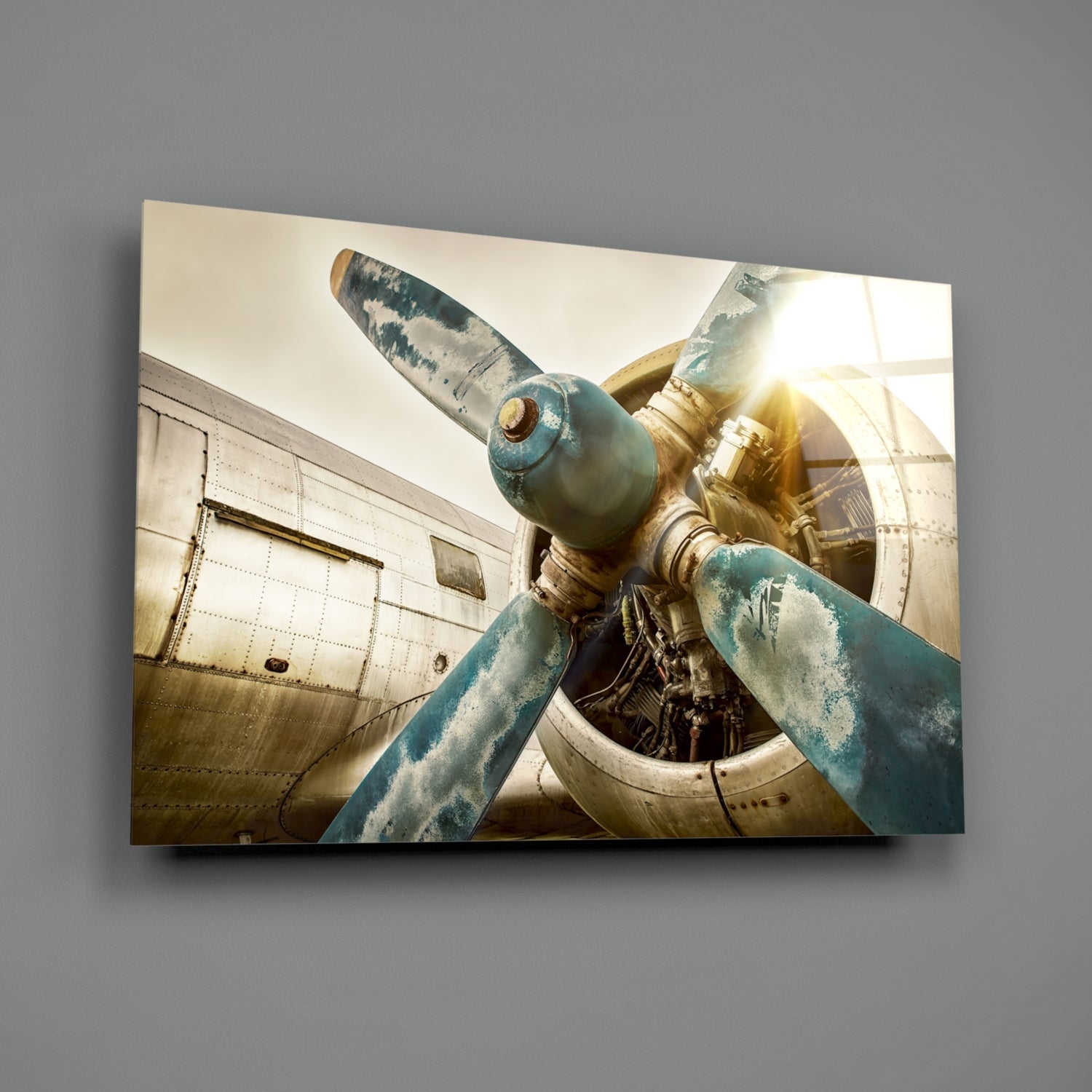 Close-up of weathered blue aircraft propeller and engine mounted on vintage cream-colored fuselage with warm sunlight.