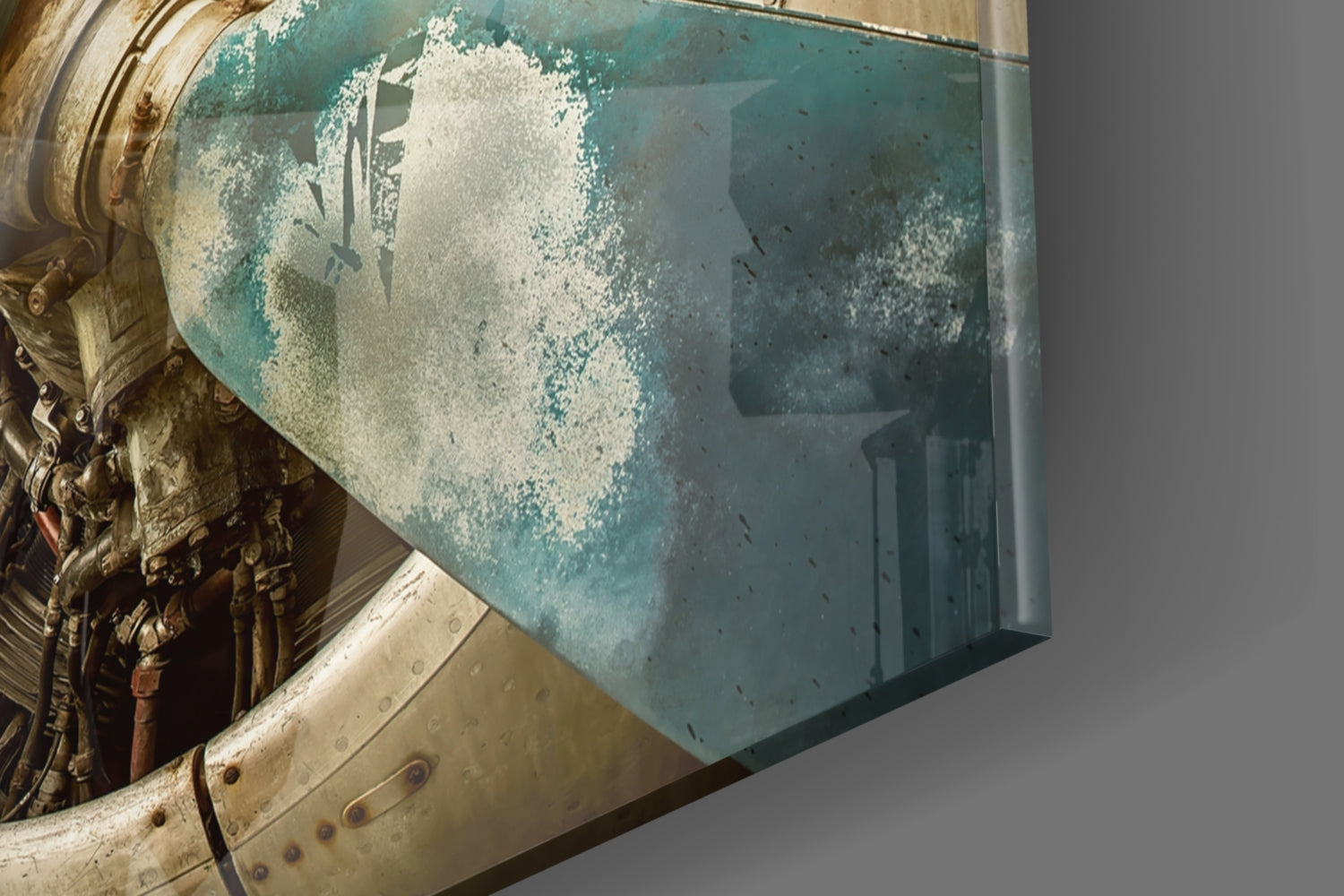 Close-up of weathered airplane window glass with turquoise patina and white mineral deposits, mounted in brass frame with rivets.