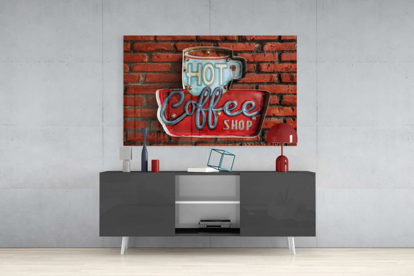 Vintage Coffee Shop Sign Red Brick Glass Wall Art