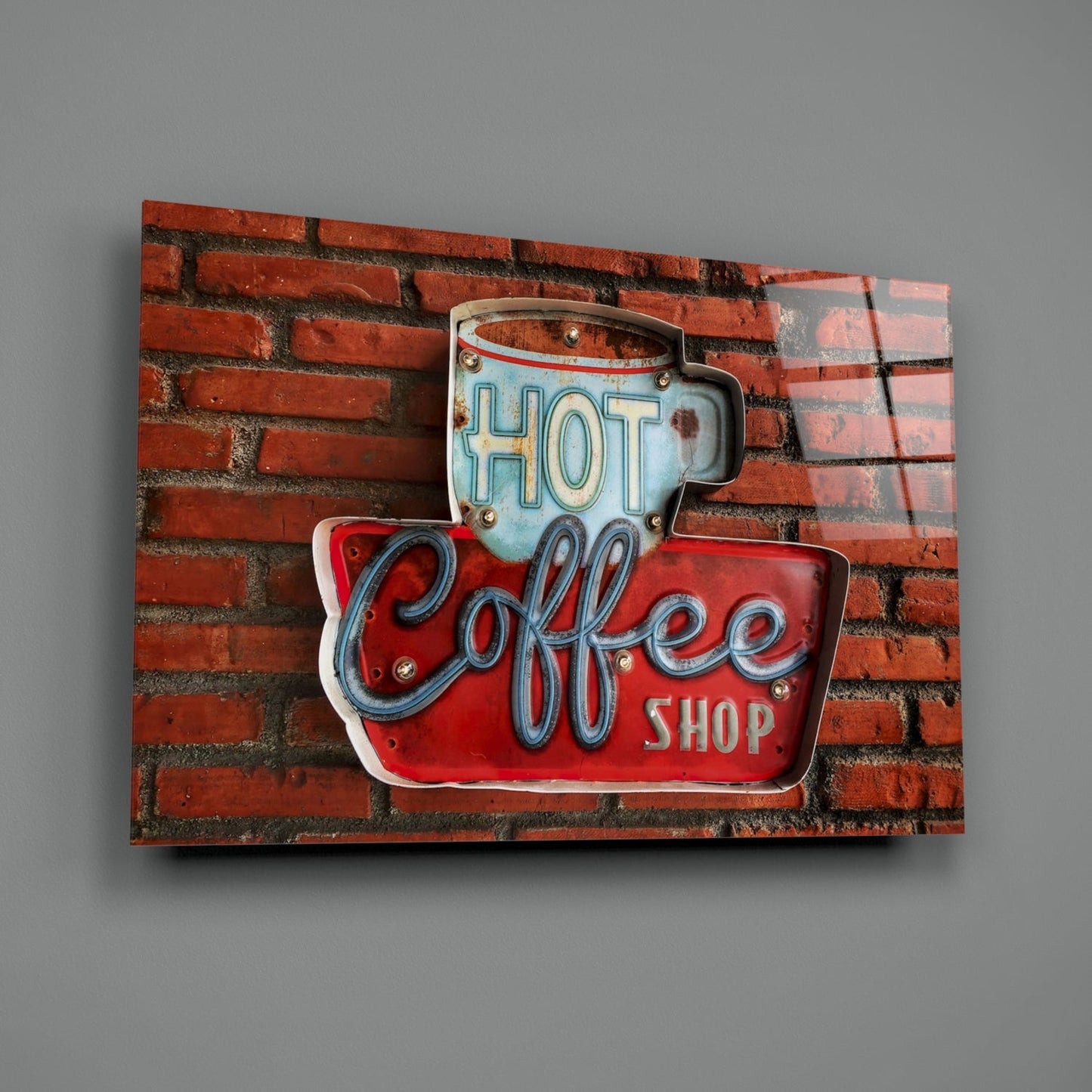 Vintage Coffee Shop Sign Red Brick Glass Wall Art