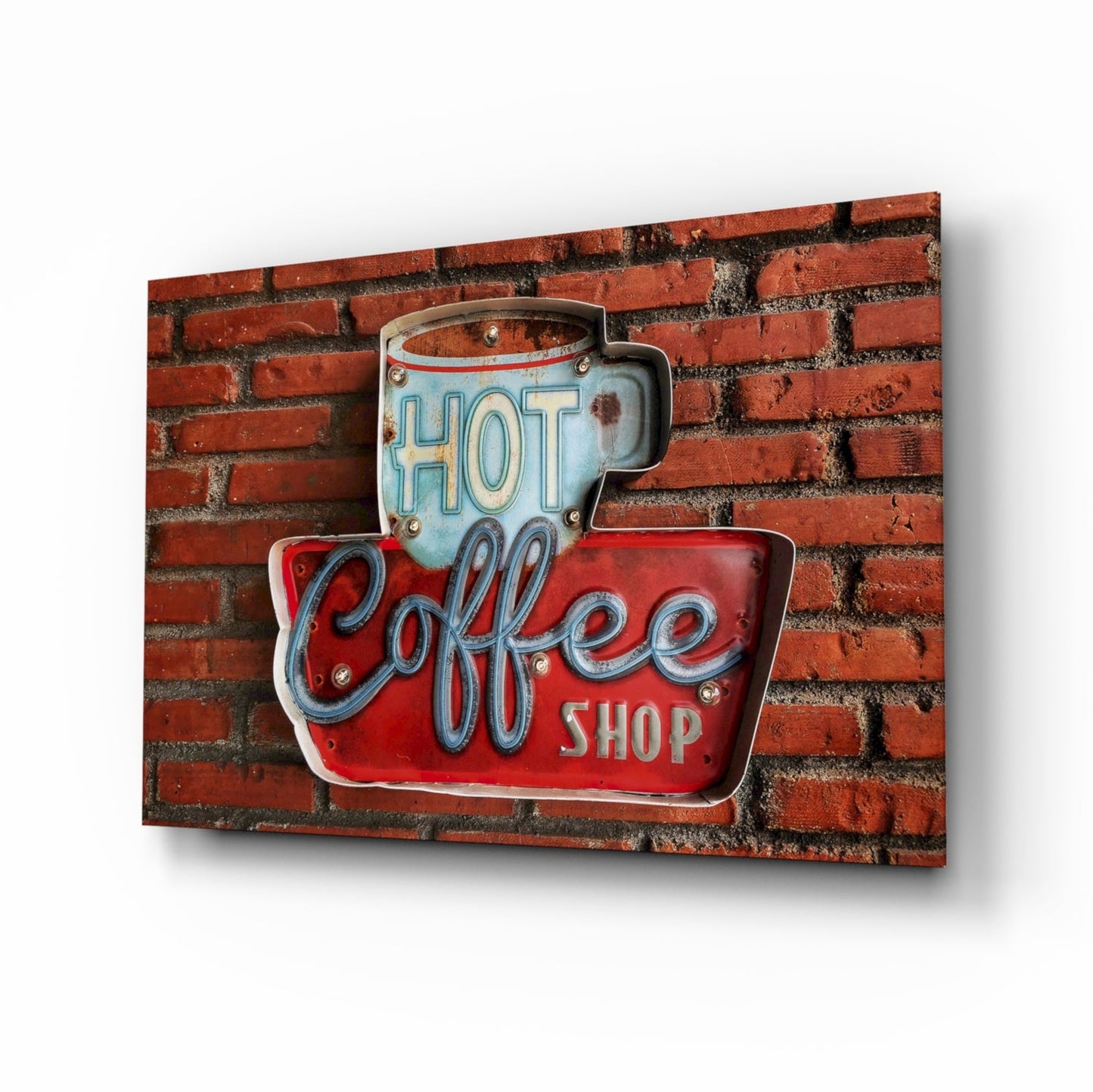 Vintage Coffee Shop Sign Red Brick Glass Wall Art