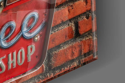 Vintage Coffee Shop Sign Red Brick Glass Wall Art