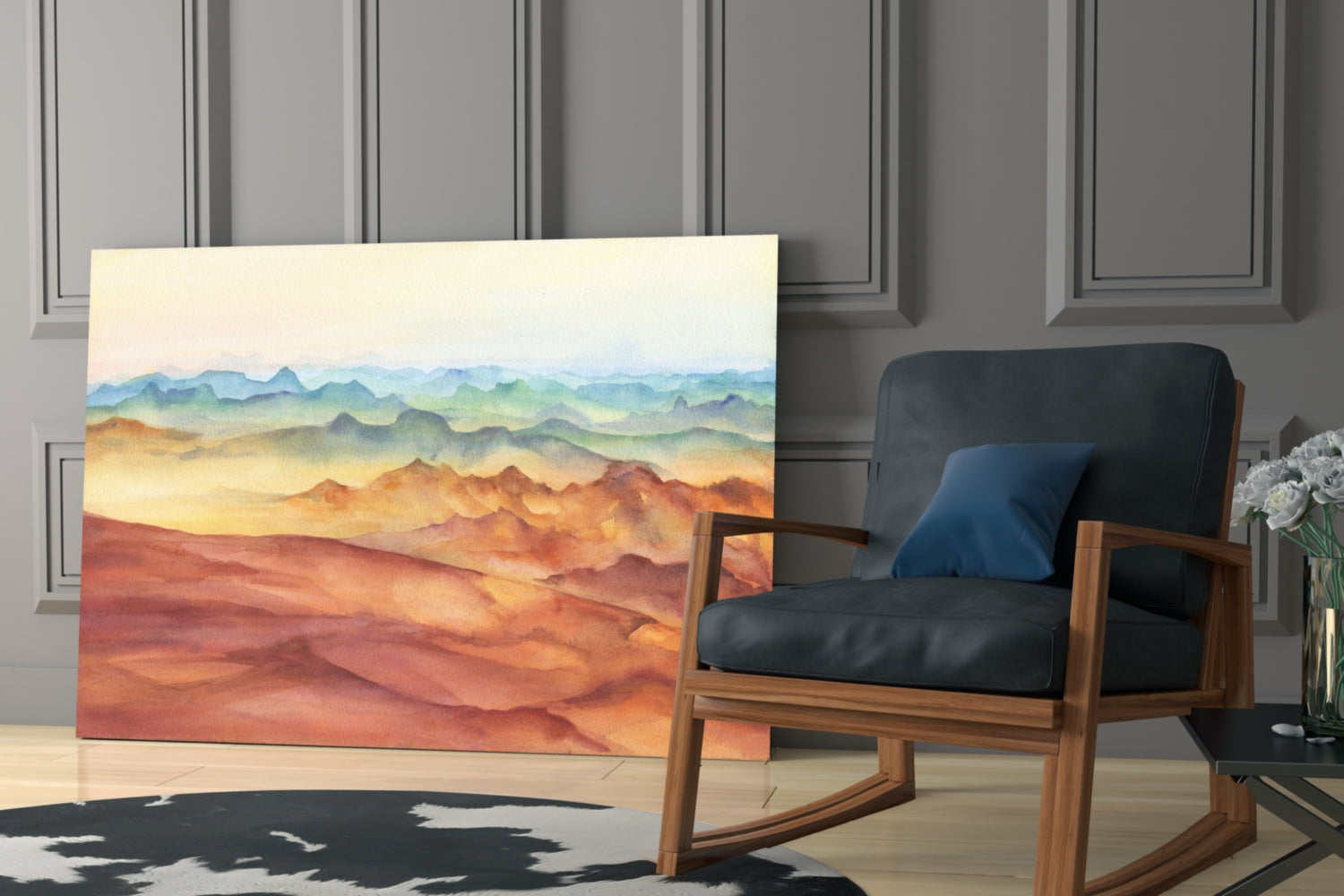 Abstract landscape glass art featuring layered mountains in warm orange, gold, and cool blue tones displayed in modern interior setting.