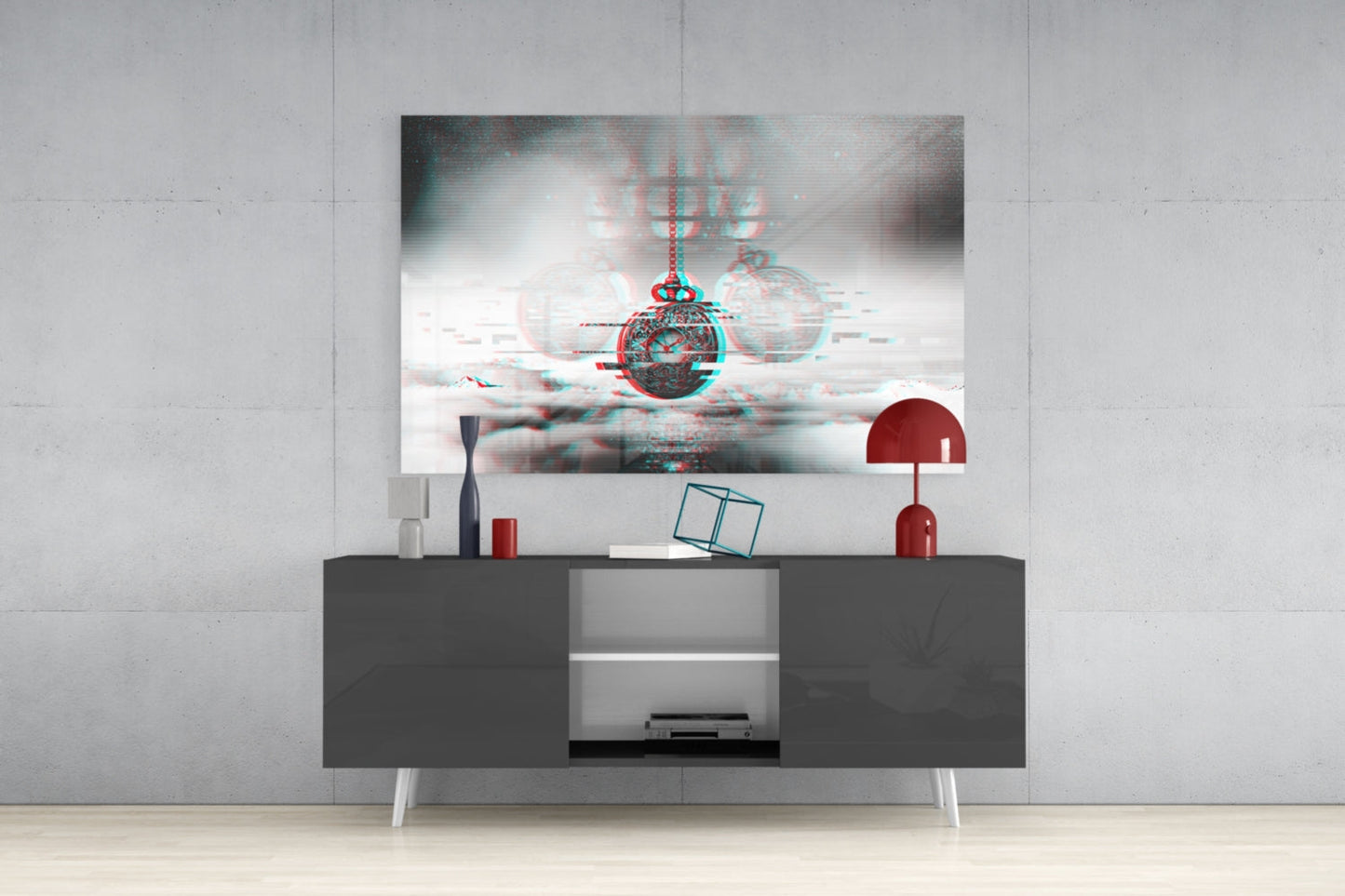 Pocket Clock Glass Wall Art displayed above gray media console, showing red and cyan glitch-effect design of ornate pendant watch with spheres.