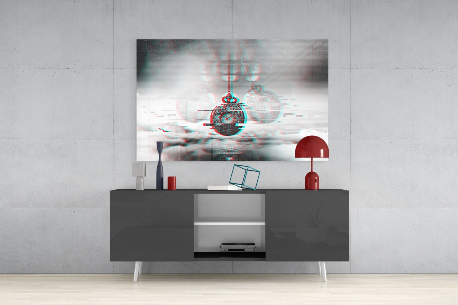 Pocket Clock Glass Wall Art displayed above gray media console, showing red and cyan glitch-effect design of ornate pendant watch with spheres.