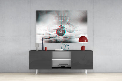 Pocket Clock Glass Wall Art displayed above gray media console, showing red and cyan glitch-effect design of ornate pendant watch with spheres.