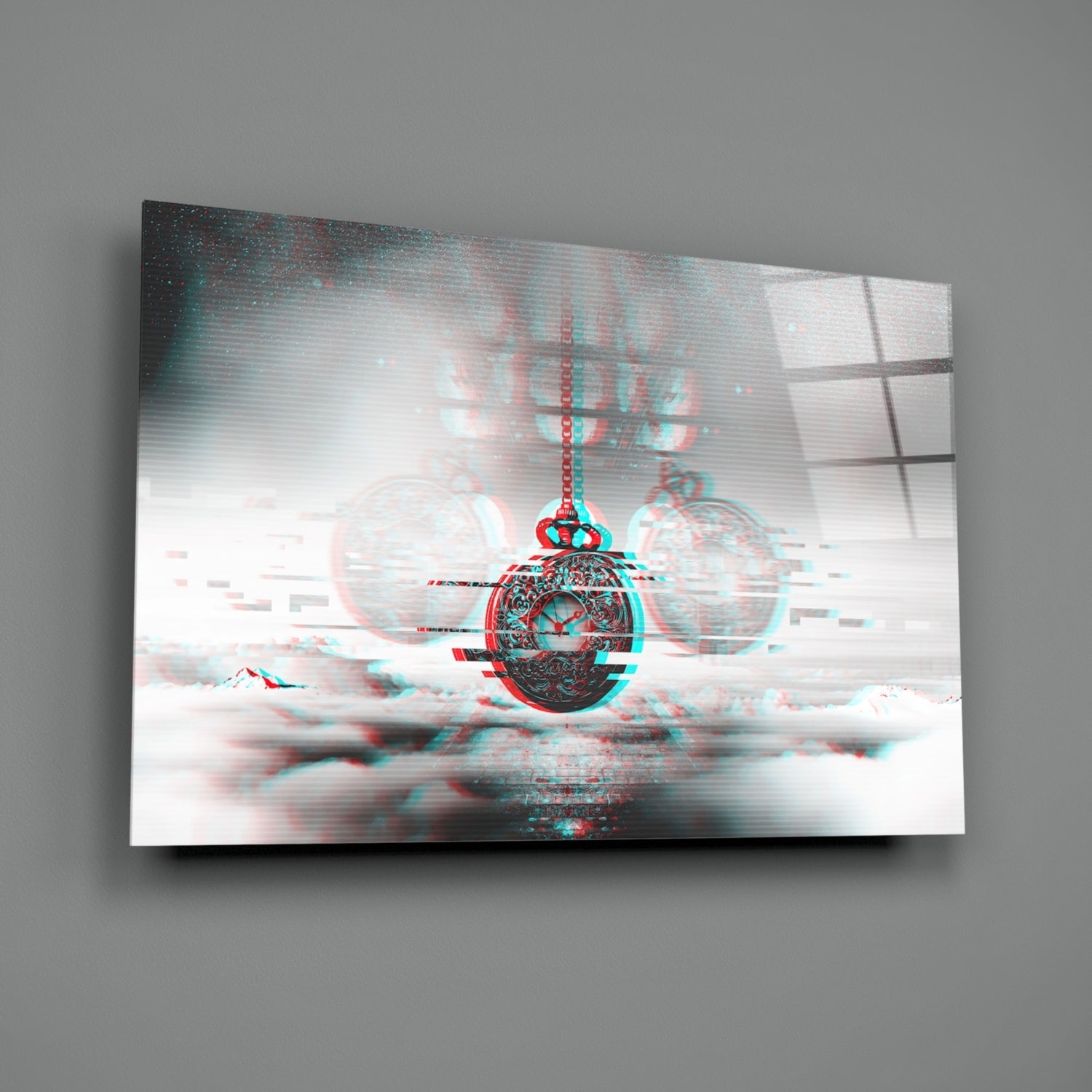 Ornate pocket watch with red and cyan glitch effect displayed on glass wall art against gray background.