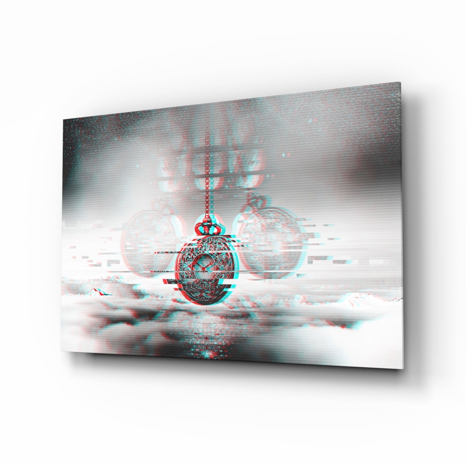 Angled perspective view of glass wall art displaying an ornate pocket watch with red and cyan glitch effect against a misty, light background.